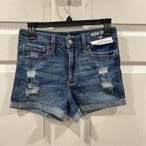 Hollister Advanced Stretch High Rise Jean Shorts Blue Distressed Denim 3/26 NWT